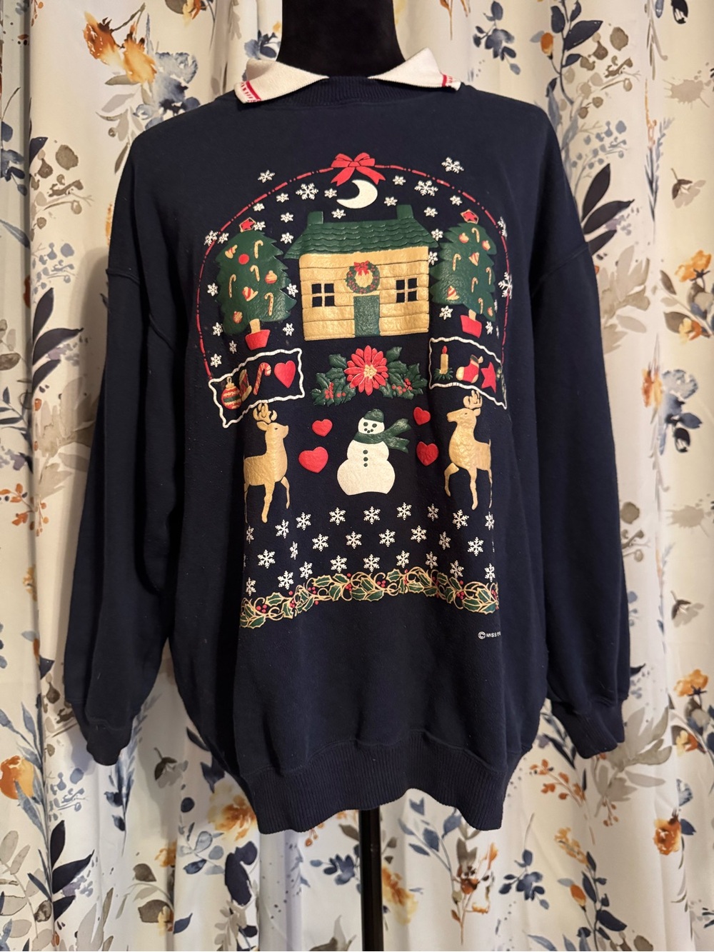 Navy Christmas Cabin Holiday Sweatshirt Pullover Size XL B7 Vintage
